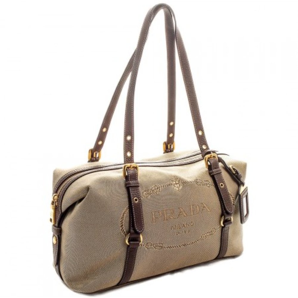 Prada Logo Jacquard Canvas Boston Bag